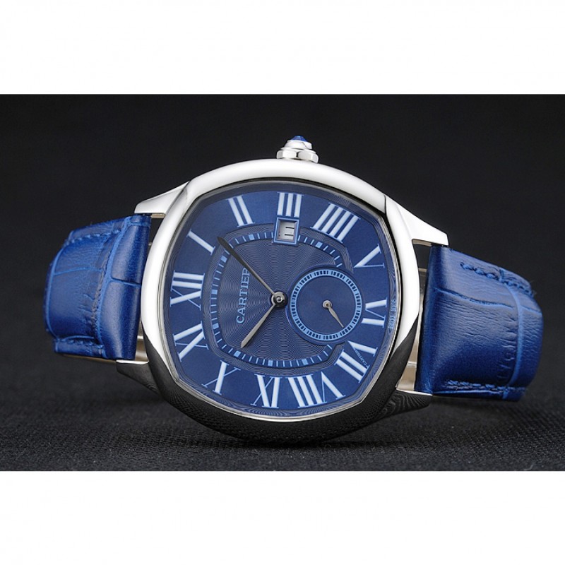 Réplica de relojes Cartier Drive De Cartier con esfera azul, caja plateada y correa de piel azul 1454211