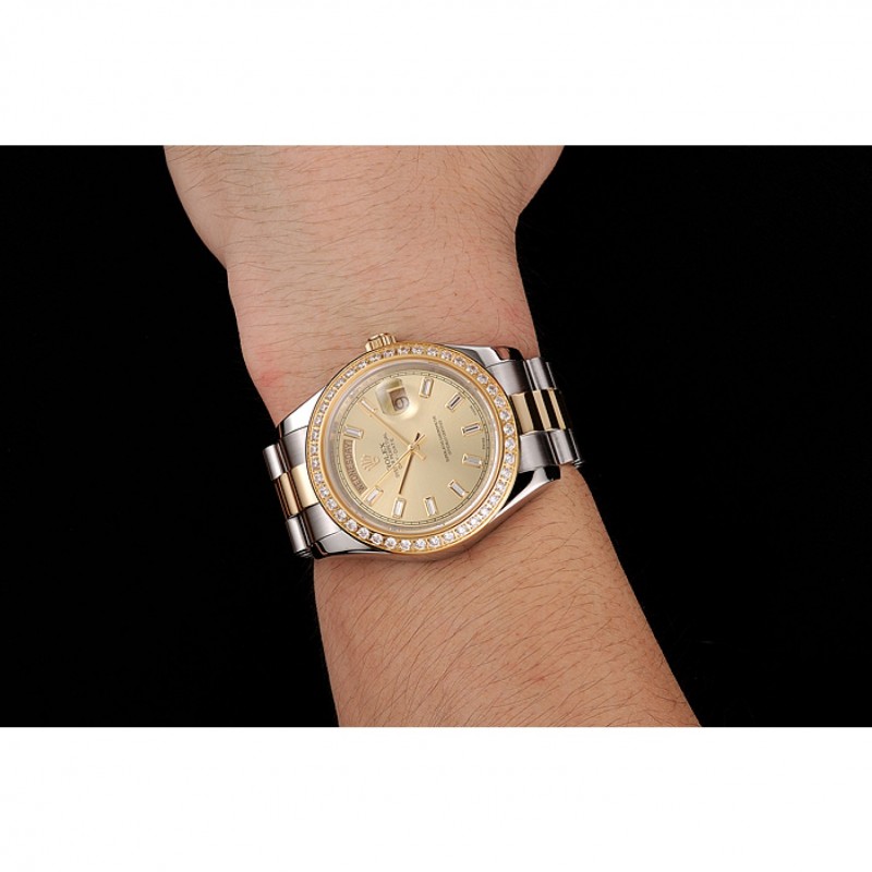 Swiss Rolex Day-Date Champagne Dial Diamond Bezel Two Tone Bracelet 1454103 Replica Watches