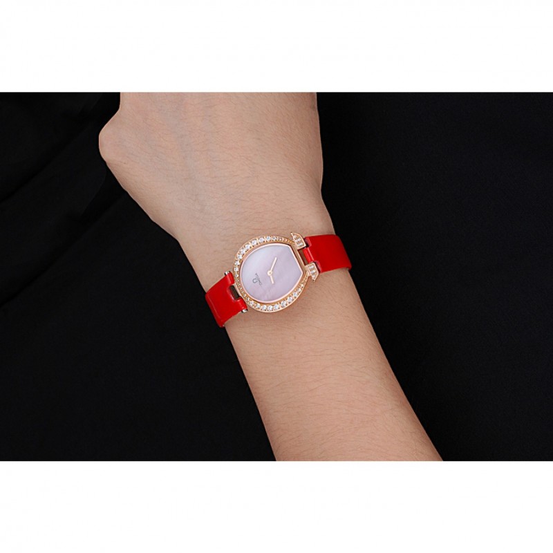 Omega Ladies Watch Pink Dial Gold Case With Diamonds Red Leather Strap 622831 Replica Watches