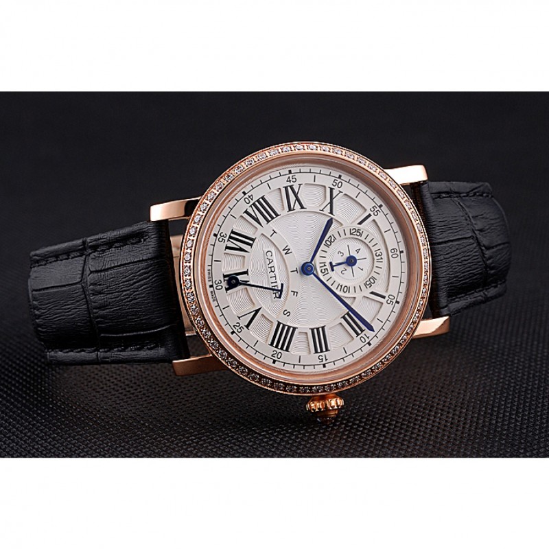 Cartier Rotonde White Dial Gold Case With Jewels Black Leather Strap 622760 Replica Watches